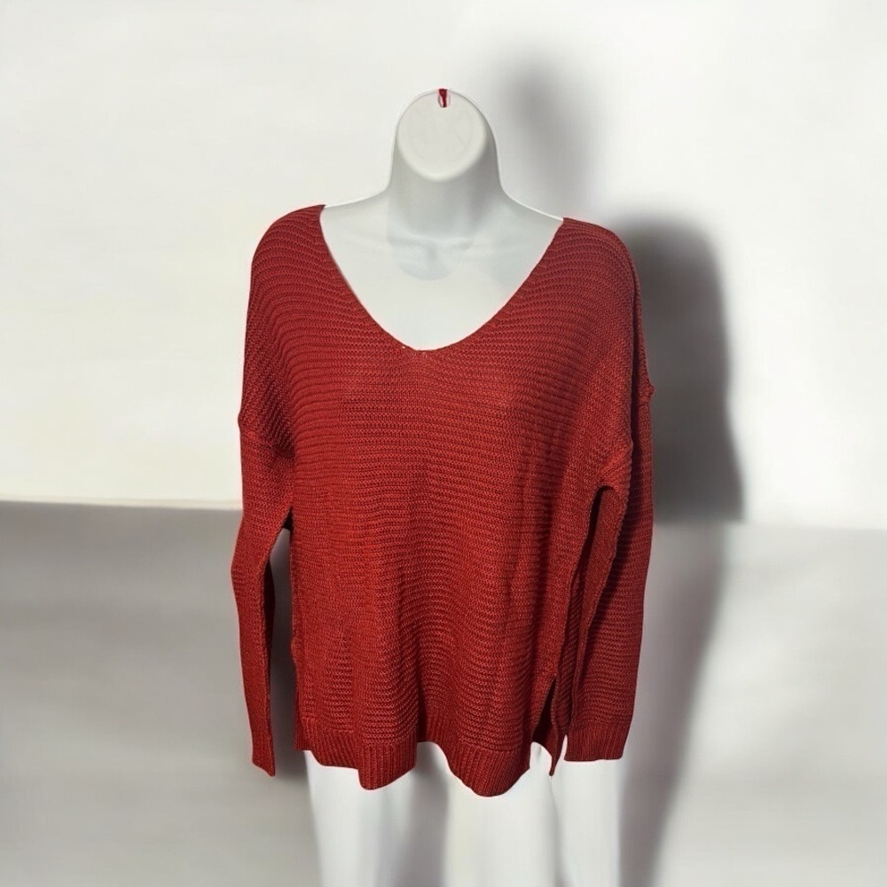 Rust Orange V-Neck Slouchy Knit Sweater – Size X-Small (NWOT)